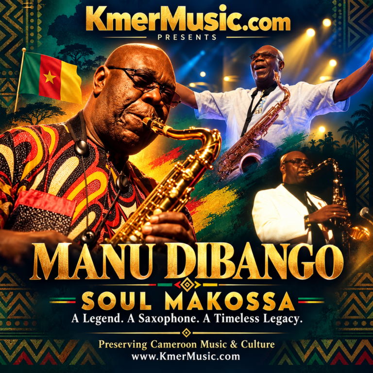 Manu Dibango — Soul Makossa tribute, with saxophone performance portraits and Cameroon flag. KmerMusic.com.