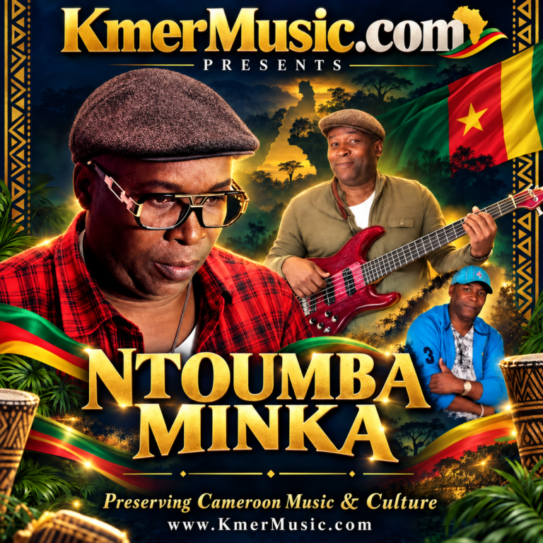Ntoumba Minka — KmerMusic.com artist flyer with portraits, bass guitar and Cameroon flag.