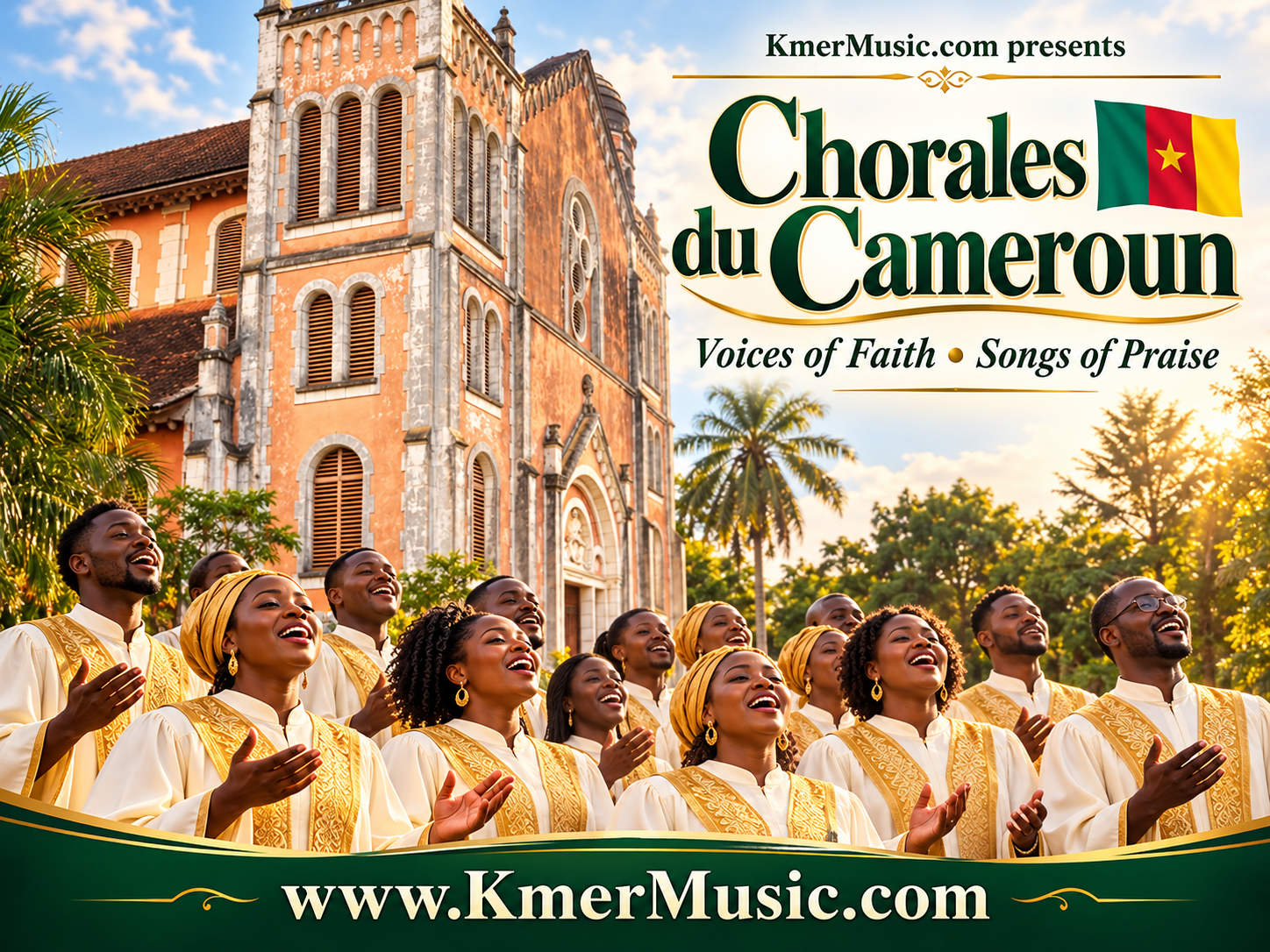 Chorales du Cameroun — choir in cream and gold robes before a church, with Cameroon flag and KmerMusic.com.