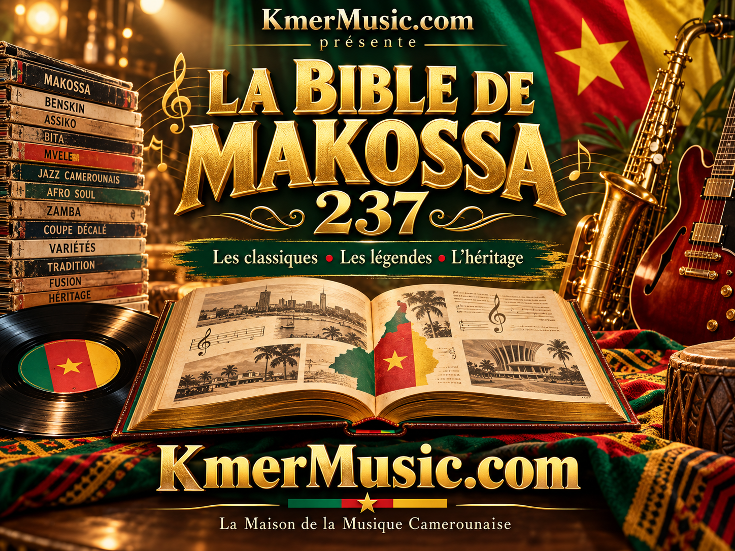 La Bible de Makossa 237 — flyer KmerMusic.com avec livre musical, vinyle, saxophone, guitare et couleurs du Cameroun.