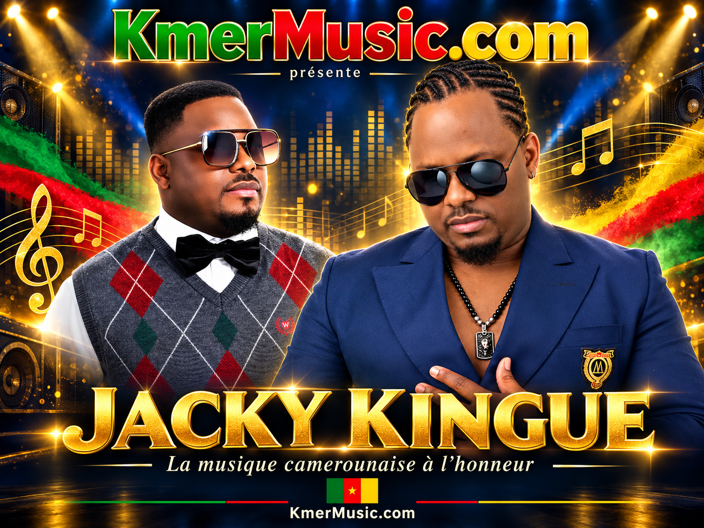 Jacky KINGUE — KmerMusic.com flyer with two artist portraits, gold lettering and Cameroon flag colors.