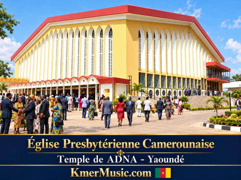 Église Presbytérienne Camerounaise, Temple de ADNA à Yaoundé, avec des fidèles devant le temple — KmerMusic.com