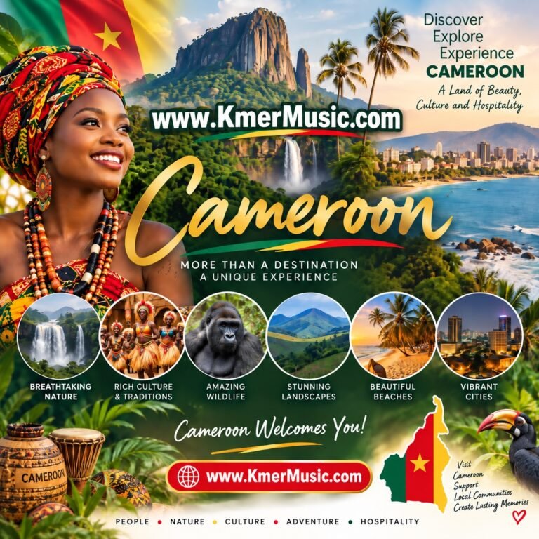 Discover Cameroon — nature, culture, wildlife, landscapes, beaches and cities. KmerMusic.com tourism flyer.